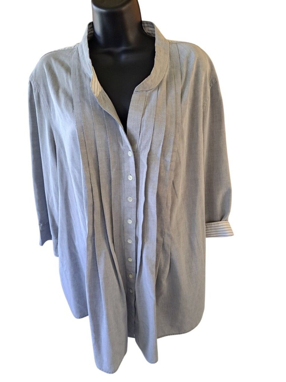 David Loren 3XL Womens Gray Button Front Pleated V Neck Tunic Blouse Striped